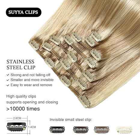 SUYYA Clip in Hair Extensions Real Human Hair 7 Pcs Human Hair Clip in Extensions Straight Remy Human Hair Extensions Clip ins for Women 12 Inch #P18/613 Ash Blonde Highlighted Bleach Blonde 70G