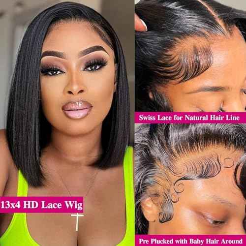Hihmarm Lace Front Wigs Human Hair 13x4 HD Lace Front Wig Glueless Wigs Human Hair Pre Plucked Short Straight Bob Lace Front Wigs Human Hair For Black Women Nature Hairline 180% Density 12 Inch