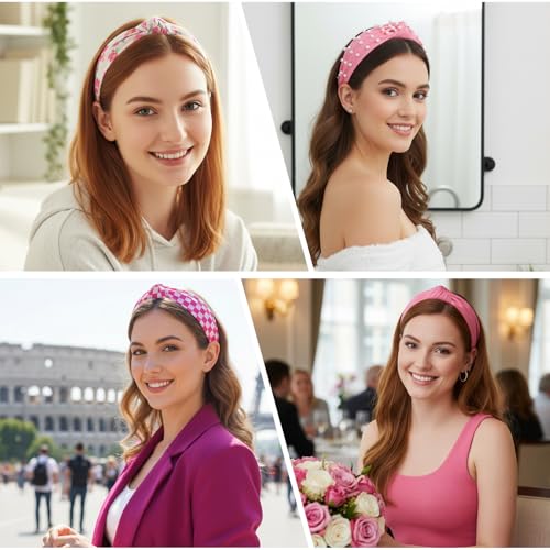 Hot Pink Headbands for Women, 4-Pack Knotted & Pearl Hair Bands