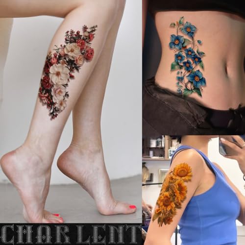 3D Flower Sleeve Temporary Tattoos for Women - 25 Sheets Realistic Flower Fake Tattoos for Arm Leg Body/Long Last/Waterproof