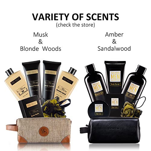 YARD HOUSE Bath and Body Spa Gift Baskets Set for Men - Sandalwood Amber - 7Pc Spa Kit w. Full Size Items in Leather Toiletry Bag - Fathers Day Birthday Gifts For Husband, Dad From Wife, Daughter Son