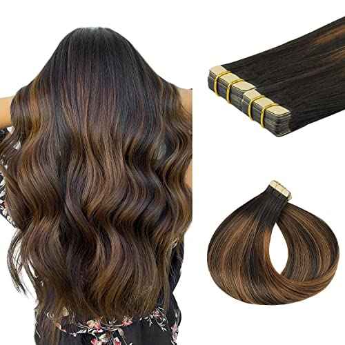 Tape in Hair Extensions Human Hair, 24 inch Natural Black Mixed Chestnut Brown Tape in Human Hair Extensions Lashey Straight Remy Hair Extensions Tape in 20pcs 50g