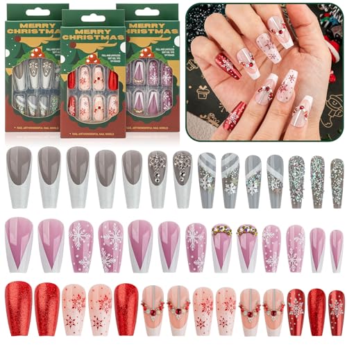 Noverlife 96PCS Christmas Short Squoval Press on Nails w/Nail Glue Tabs, Christmas Square Oval Fake Nails Acrylic Fingernails Xmas False Nail Tips, Festive Holiday Nail Art Manicure Decor for Women