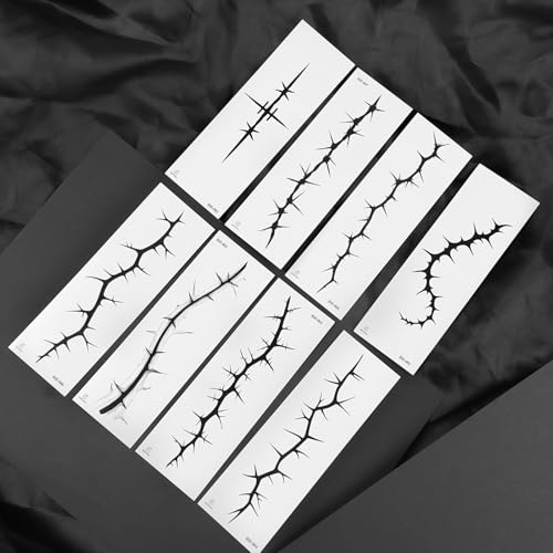 Halloween Stitches Temporary Tattoos - 8 Sheets Black Fake Scars