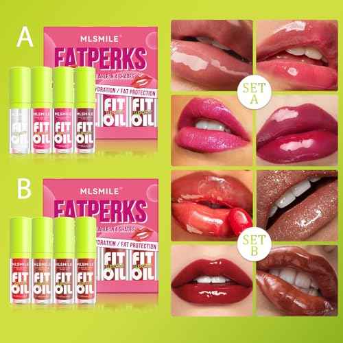 4 Colors Lip Oil Lip Glaze Set, Tinted Gloss Lip Gloss Oil, Plumping Moisturizing and Nourishing Lips, Long Lasting Fresh and Smooth Lip Care Set - A#