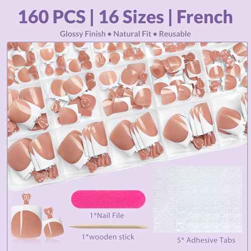 160pcs French Tip Toe Nail Press ons - Brown Press on Toenails for Women, Full Cover Toe Press on Nails with Adhesive Tabs, Fake Toenails Tips