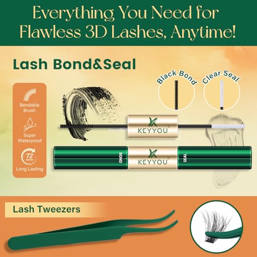 KEYYOU 3D Volume Lash Clusters Kit - 280Pcs D Curl with Bond & Tweezers