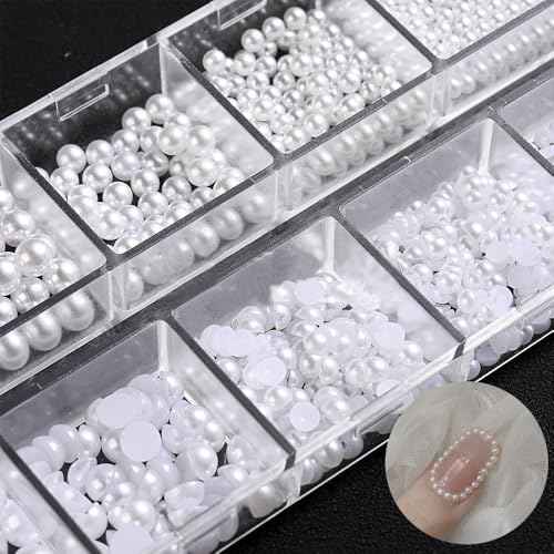 12 Grids Pearl Beads Nail Art Charms Nail Pearls White Pearl Charms for Nails Design Flat Back Pearls for Crafting Manicure Bead Kit Women Nail Beads Fingernail Decorations Cute Beads for Crafts