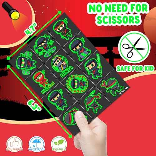 96 PCS Ninja Pre-Cut Luminous Temporary Tattoos for Kids Birthday Themed Party Supplies Decorations Favors 8 Sheets Decor Super Cute Cartoon Stickers Tattoo School Rewards & Gifts for Boys & Girls