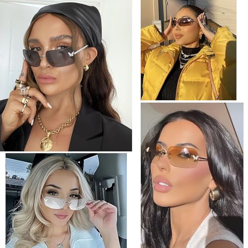 Unisex Rimless Y2K Rectangle Sunglasses with Clear Tinted Lenses - Fashion Shades for Women & Men