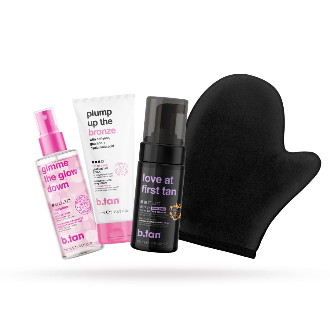 b.tan Self Tan Travel Kit | Love At First Tan Gift Set - Includes Mini Violet Self Tanner, Gradual Tanning Lotion, Dark Bronzing Drops, & Applicator Mitt