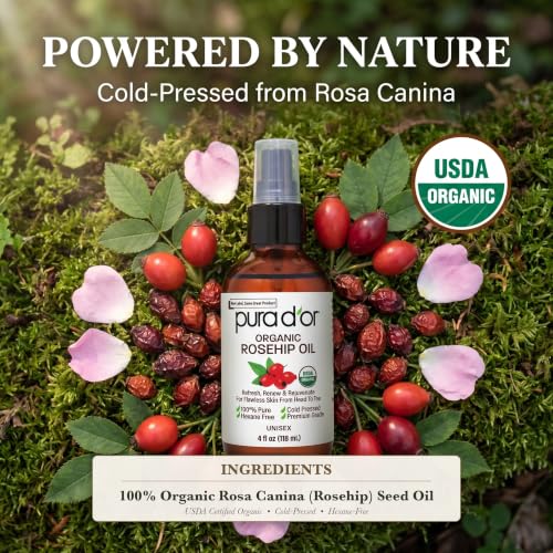 PURA D'OR Organic Rosehip Seed Oil - Pure Cold-Pressed Facial Oil (4oz)