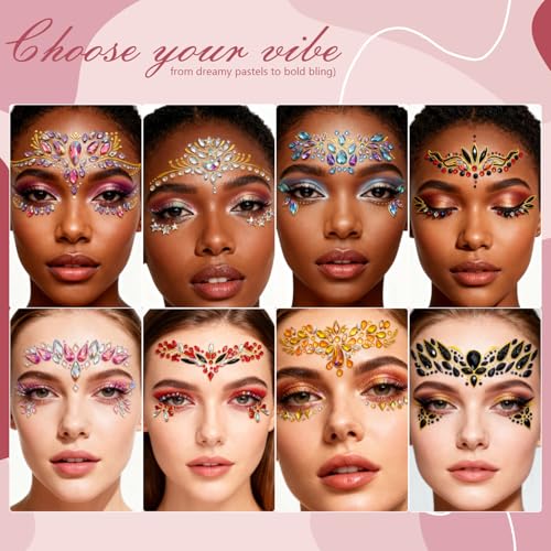 Mermaid Face Jewels Stick On - 8 Sets Self-Adhesive Festival Gems