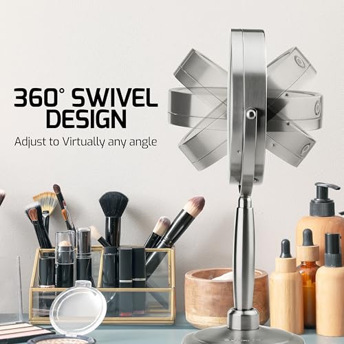 OVENTE 7'' Lighted Makeup Mirror with 1X/8X Magnification, Cordless Multi-Functional Round Vanity Mirror with 360¡Æ Swivel Design, Double Sided and Three Toned LED Lights, Nickel Brushed MFM70BR1X8X
