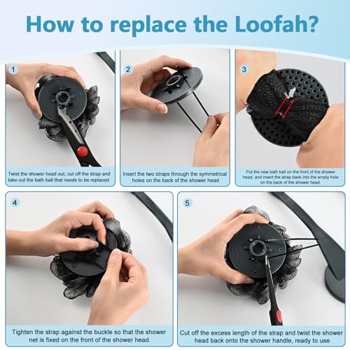 Loofah with Handle, 20.5'' Replaceable Shower Loofah to Improve Skin Health, Body Scrubber, for Women and Men with String for Easy Hanging£¨Dark Black£©