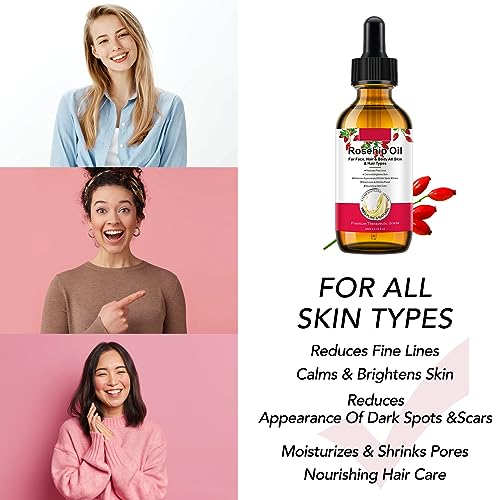 Rosehip Oil for Face, Rose Hip Oil Organic Rosehip Seed Oil 100% Pure Cold Pressed for Anti-Aging, Nourishing Hair Care, Face & Skin (2.02 Fl Oz)