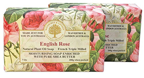 Wavertree & London English Rose Scented Natural Soap (2 Bars), 7oz Moisturizing French Triple Milled Soap Bars enriched with shea butter - Pure Plant Oil Bath & Body Soap for All Skin Types