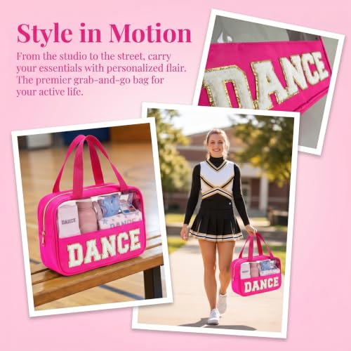 Hot Pink-White Dance Makeup Bag with Chenille Letter & Handle - Girls & Women Gift