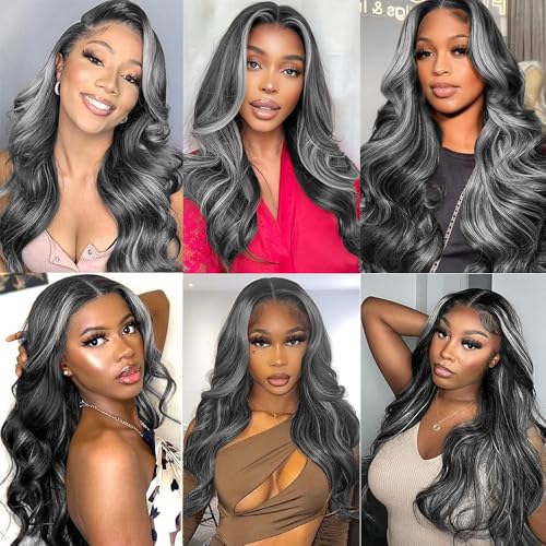 Fridnae Grey Ombre Body Wave Human Hair Bundles 32 Inch Salt & Pepper Two Tone Highlight - P1BGrey