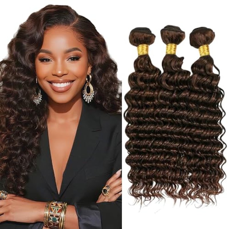 #4 Brown Deep Wave Human Hair Bundles 30-32-34 Inch