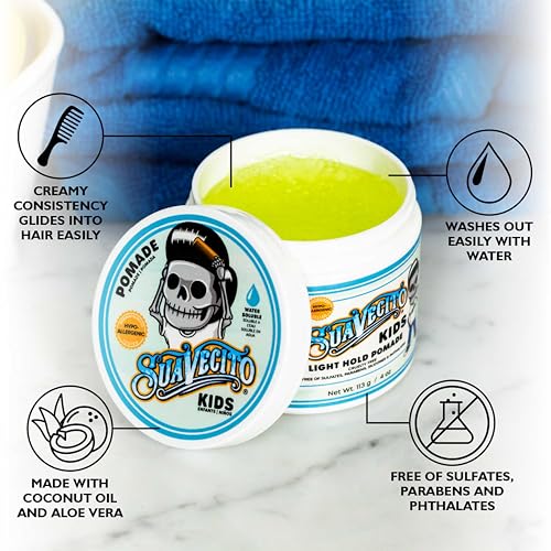 Suavecito Kid's Pomade Calming Chamomile Scent Light Hold 4 oz. - Water Based Flake Free Hair Gel - Dermatologist-Tested, Hypoallergenic Formula - Free of Sulfates, Parabens, and Phthalates