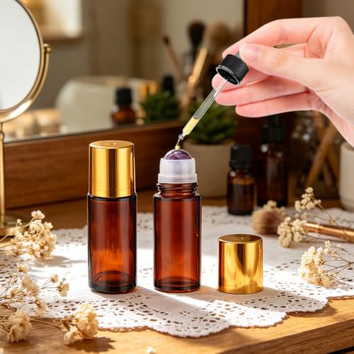 2 Pack 1.7oz Amber Glass Roller Bottles with Purple Crystal Balls