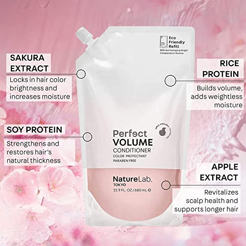 NatureLab TOKYO Perfect Volume Conditioner + Eco-Friendly Refill Pouch Bundle | Lightweight Hair Conditioner, Build & Lift Flat, Fine, or Limp Hair | 11.5 oz & Refill 22.9 oz | $38 VALUE