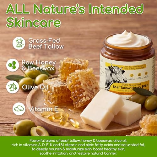Beef Tallow for Skin & Face, Whipped Tallow and Honey Balm Cream, 100% Grass-Fed Beef Tallow Face Moisturizer with Raw Honey, All Natural Organic Body Lotion Skincare for Women & Men, Unscented 4.2 OZ