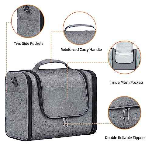 Buruis Extra Large Capacity Toiletry Bag for Women and Men, Hanging Toiletry Organizer Cosmetics Makeup Bag, Water-resistant Dopp Kit for Full Sized Toiletries, Travel Essentials (Oxford Gray)