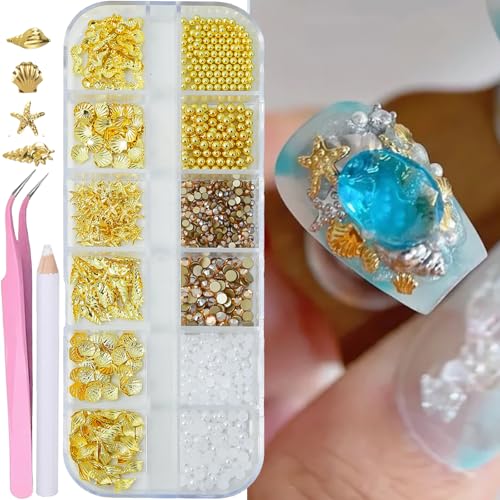 12-Grid Gold Ocean Nail Charms Set - Seashell & Starfish Designs