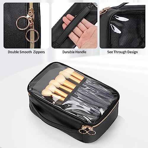 OCHEAL Clear Makeup Bag, Portable Cosmetic Organize,Travel Makeup Bag Cute Clear Pouch For Women and Girls Cosmetics Bags with Divider Makeup Brush Compartment-Black PU Leather