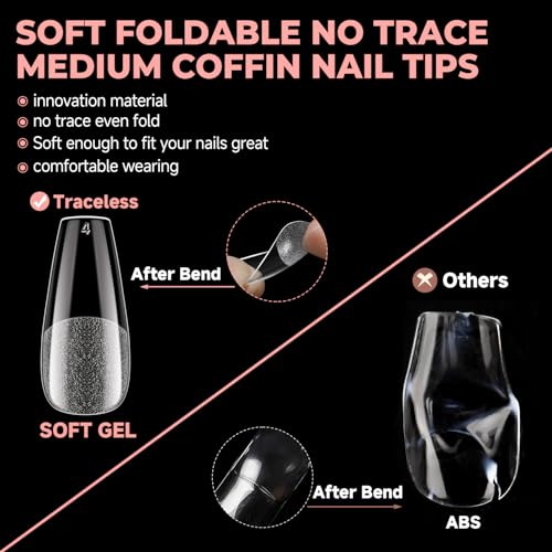 UNA GELLA Medium Coffin Nail Tips 504Pcs, 12 Sizes – Pre-Buffed, Half Matte