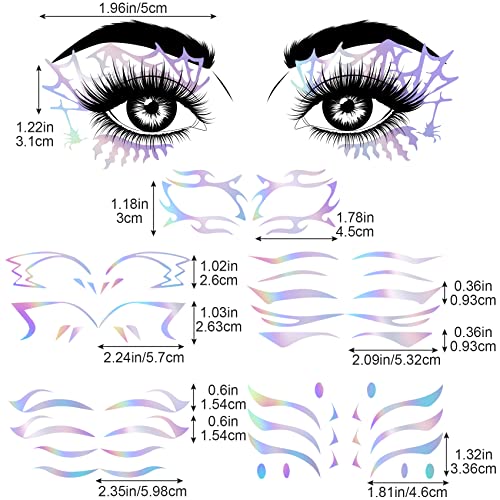 ANCIRS 6 Pack Holographic Stickers for Eye Makeup, Temporary Crystal Face Tattoo Cat Eyebrow Stickers for Halloween Carnival Party Cosplay Music Festival Decoration