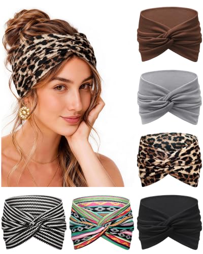 REOTECALL Extra Wide Headbands for Women 6 Pack, Brown, 7.08" Non-Slip Moisture-Wicking Sports Hair Bands