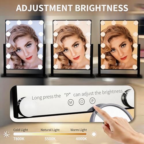 Hollywood Vanity Mirror with Lights, 12 Dimmable LED Bulbs Lighted Makeup Mirror with Detachable 10X Magnification, 1000mAh Rechargeable, 3 Color Lights, Touch Control,Black