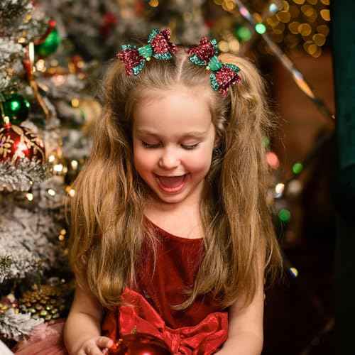 Christmas Glitter Hair Bow Clips Cute Christmas Tree Hairpins Sparkly Girls Hair Accessories for Xmas Party, Red&Green