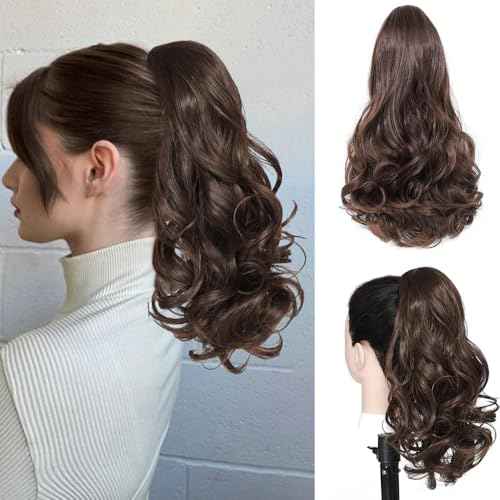 Drawstring Ponytail Extension 16 Inches Wavy Curly Ponytail Hair Extensions Synthetic Drawstring Pony Tails Hair Extensions for Daily Use(Mixed Brown)
