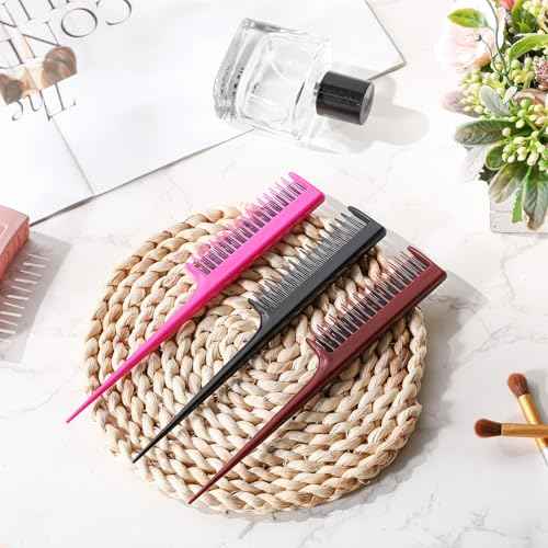 Leinuosen 3 Pcs Triple Teasing Comb for Women Plastic Rat Tail Comb Heat Resistant Pintail Tease Layer Tool for Thick Fine Hair Styling Backcombing Volume Structure(Black, Pink and Brown)