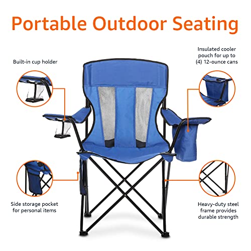 Amazon Basics Camping Chair for Beach, Picnics, Tailgates, Sports, Large, Mesh Back, Blue