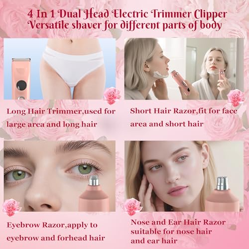Bikini Trimmer for Women,4 in 1 Electric Razors for Women with Ceramic Blades,Waterproof Pubic Hair and Face Har Trimmer,Replacement Noise Hair and Eyebrow Shaver,Grooming Kit for Travel