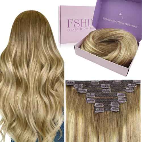 Fshine Clip in Hair Extensions Real Human Hair Dark Brown to Ash Brown Highlight Medium Blonde Clip Ins Double Weft #3/8/22 120g 22inch 7pcs Girl Boss Everyday Upgrade