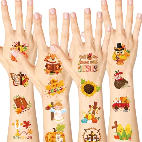 HOWAF 72pcs Religious Thanksgiving Temporary Tattoos, Thanksgiving Tattoos Stickers for Kids Girls Boys Decor, Christian Fall for Jesus Fake Tattoo Autumn Season Church Face Tattoo Gift Bags Fillers