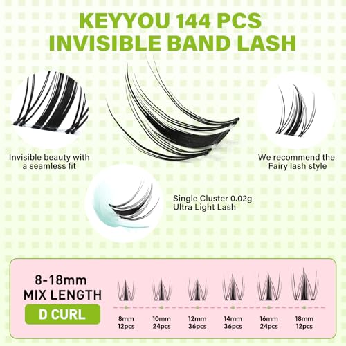 KEYYOU Fairy Lash Clusters 144Pcs D Curl Manga Lash Extension Eyelash Extension Wispy Natural Invisible Band Lash with Waterproof DIY Lash Extension at Home(Fairy-D-8-18MIX)
