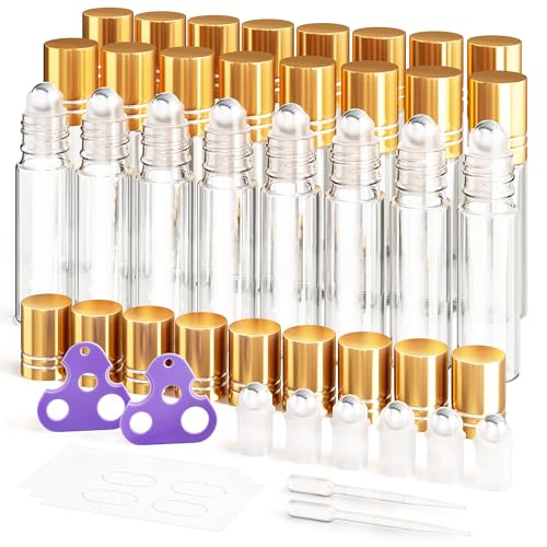 ULG 24-Pack Essential Oil Roller Bottles 10ml, Empty Bottles with Stainless Steel Roller Balls and Waterproof Labels, Clear Roller Balls For Essential Oils