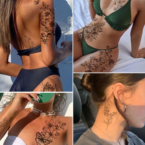 CHARLENT 23 Sheets Flower Temporary Tattoos - Waterproof Floral Body Art