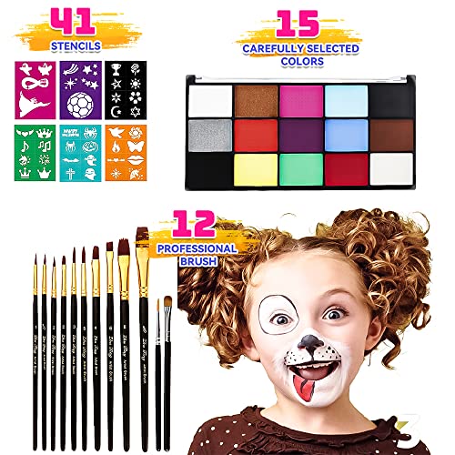 Face Painting Kit - 15 Colors, 10 Brushes & 41 Stencils
