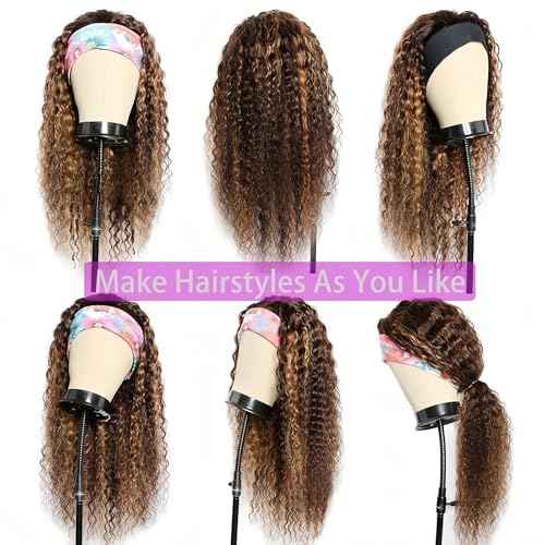 Ombre Highlight Curly Headband Wig Human Hair #4/27 Colored Headband Wig for Black Women Glueless Water Wave Human Hair Brazilian Virgin Hair Wear and Go Wigs 18 Inch