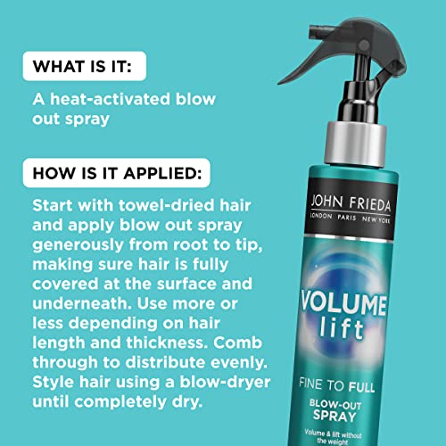 John Frieda Volume Lift Blow-Out Spray, Lightweight Volumizing Blow-Out Spray with Air-Silk Technology for Fine or Flat Hair, Adds Long-Lasting Volume, Texture, and Body for Thin hair, 4 Oz