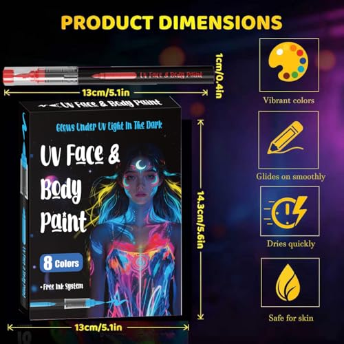 Glynisyz 8 pcs UV Neon Face & Body Paint Set with Brushes for Halloween & Parties