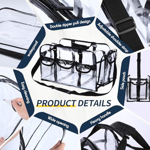 Abbylike 2 Pcs Large Professional Clear PVC Travel Makeup Bag with 4 External Pockets and Shoulder Strap Zippered Toiletry Bags for Women(Black)